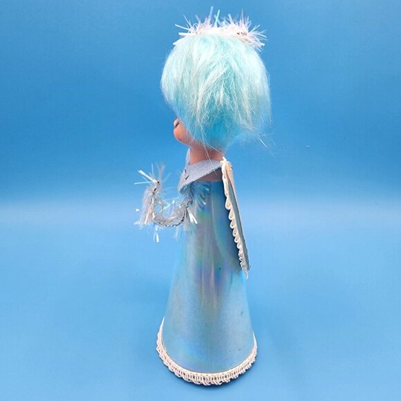 Vintage 1960s Blue Hair Angel Tree Topper Iridescent Gown Tinsel Halo Retro Xmas - Picture 6 of 12